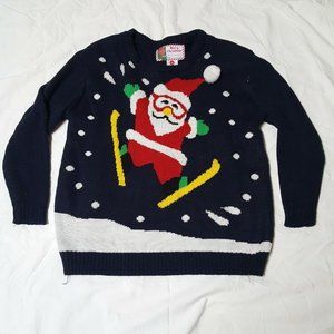 Merry Christmas Sweater Size XL Skiing Santa Pom Pom Black  Pullover